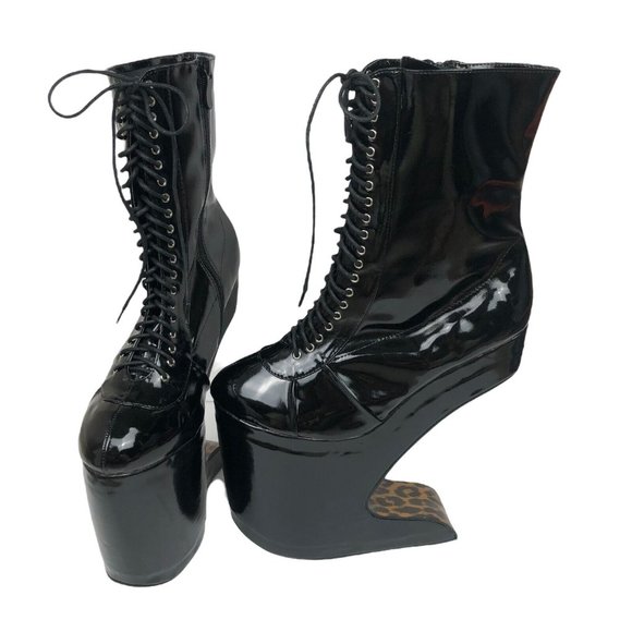 Bettie Page Shoes - NEW Bettie Page Mather Faux Patent Leather Lace Up Boots Heelless Platform Sz 8